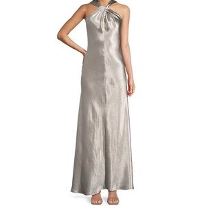 Selena Metallic Drapey Satin Halter Neck A-Line Slip Maxi Dress
